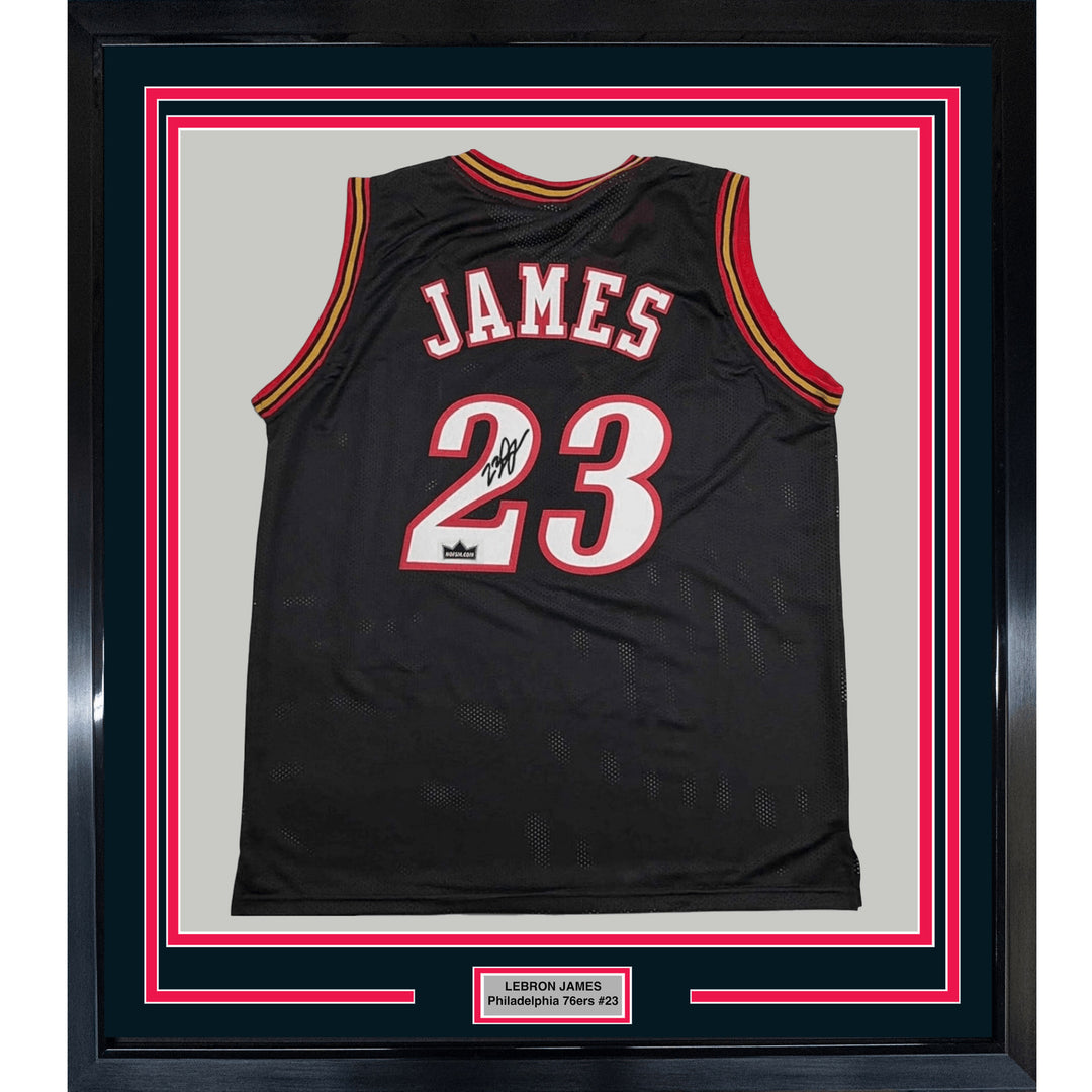 Framed Facsimile Autographed LeBron James 35x39 76ers Black Reprint Jersey