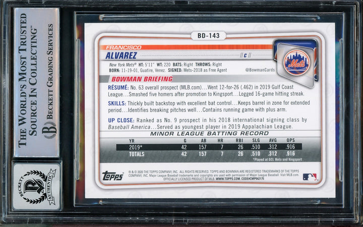 Francisco Alvarez Signed 2020 Bowman Draft RC BD-143 Mets Auto 10 Beckett