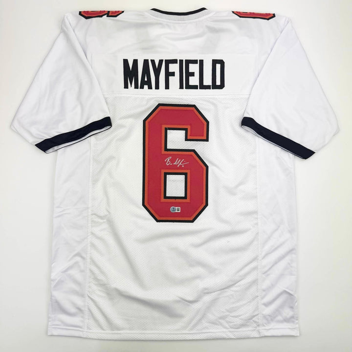 Autographed/Signed Baker Mayfield Tampa Bay White Jersey Beckett COA