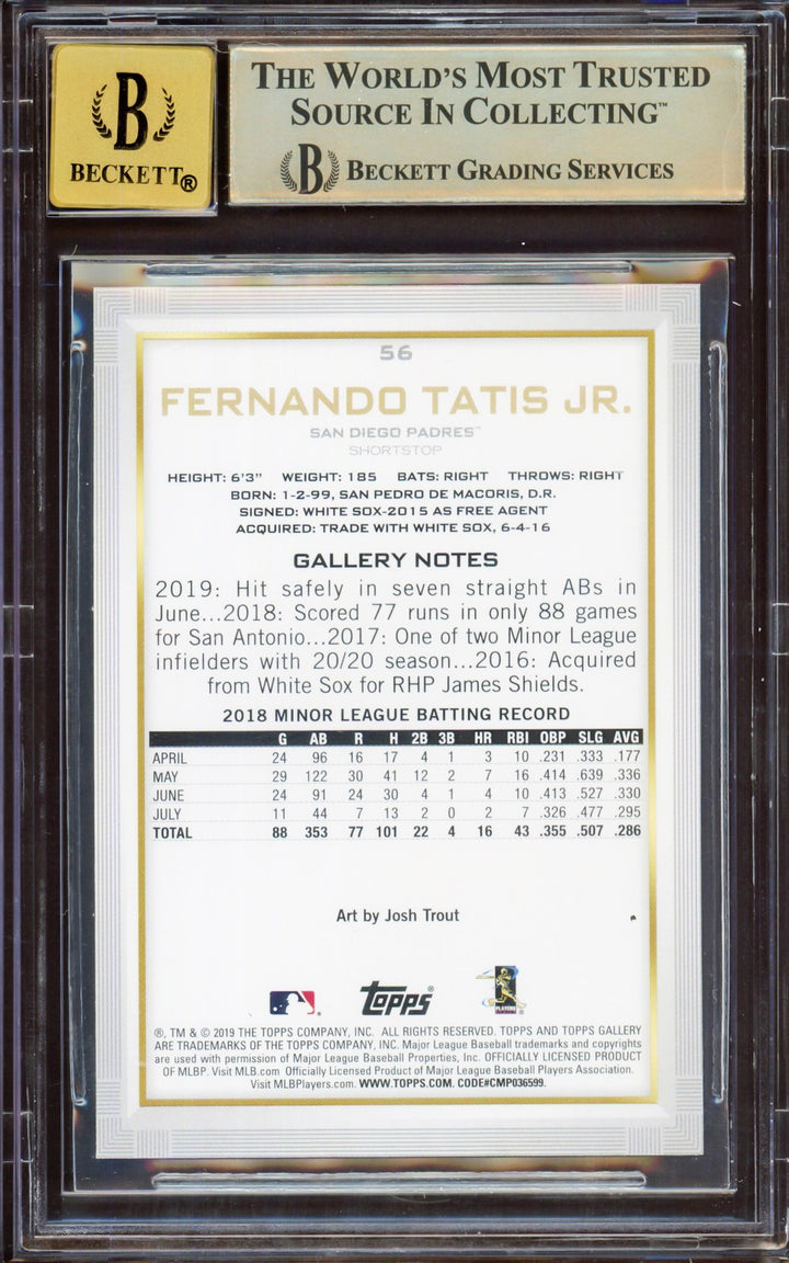 Fernando Tatis Jr Auto Signed 2019 Topps Gallery RC 56 BGS 9.5 Sig 10 Beckett