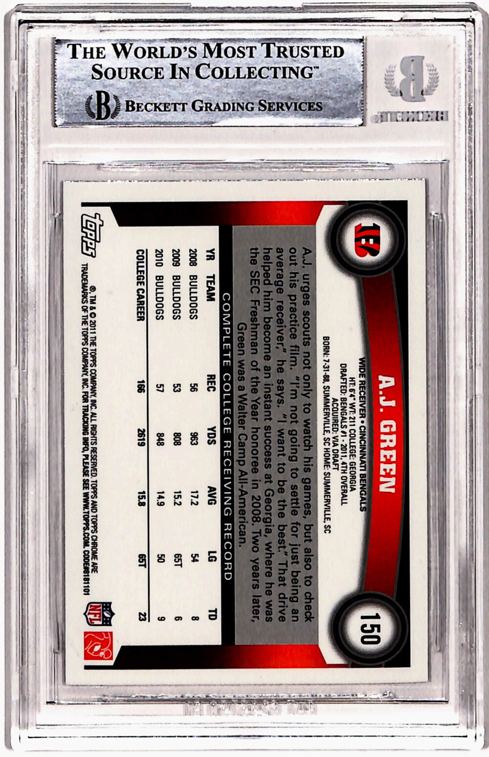 AJ Green Autographed 2011 Topps Chrome #150 Rookie Card Beckett Slab 40746