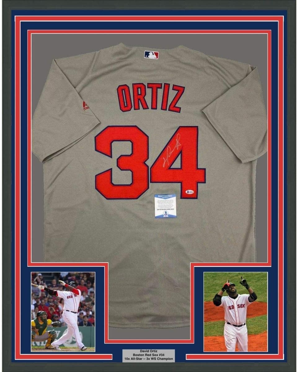 Framed Autographed/Signed David Ortiz 35x39 Boston Grey Jersey JSA COA