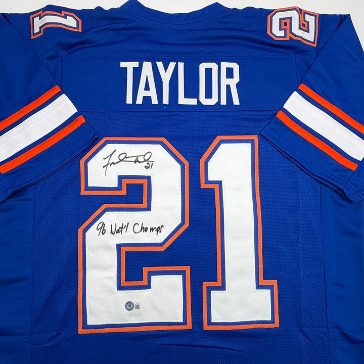 Autographed/Signed Fred Taylor 96 Champs Florida Blue Jersey Beckett BAS COA