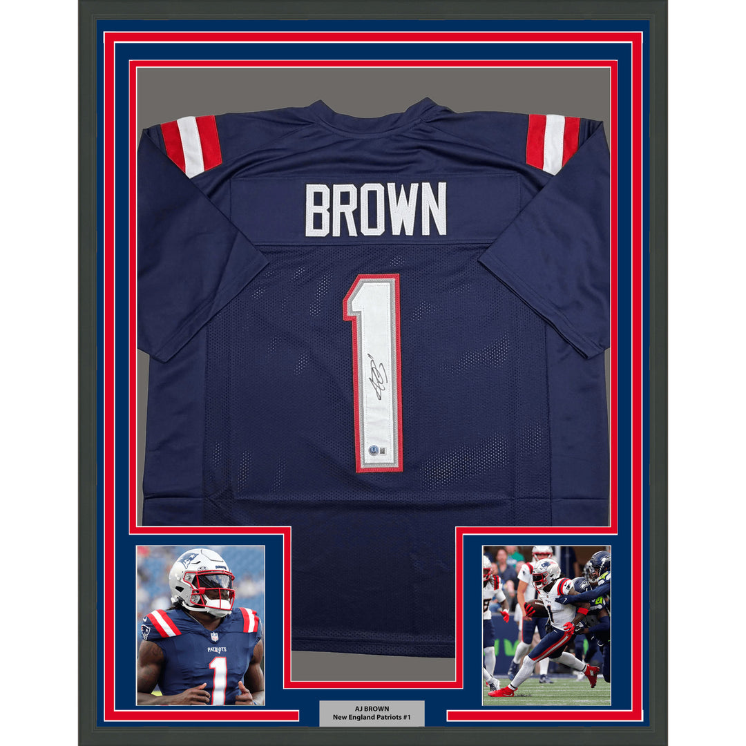 Framed Autographed/Signed AJ Brown 35x39 New England Blue Jersey BAS COA