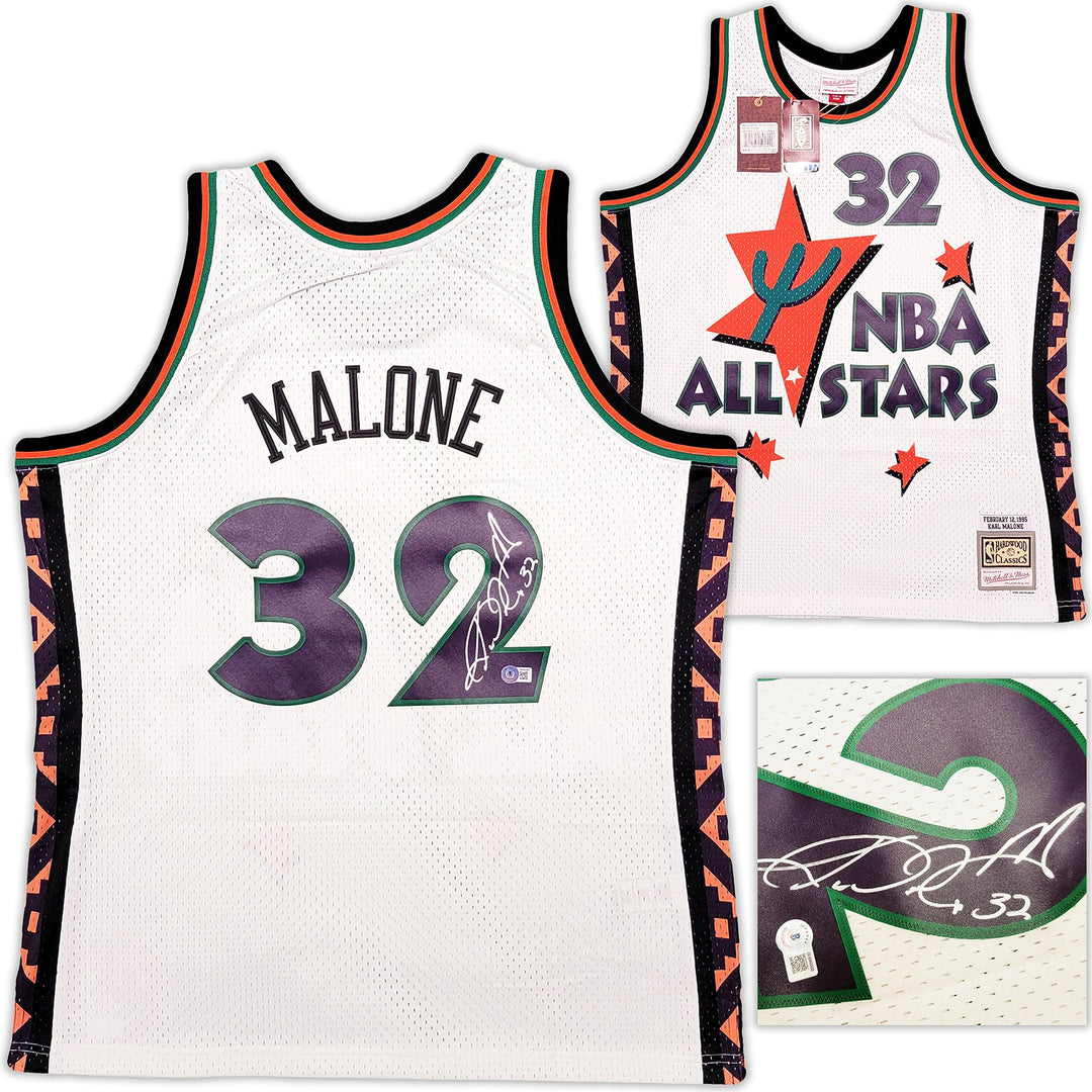 Jazz Karl Malone Auto White Purple Auth Mitchell Ness 1995 ASG Jersey XL Beckett