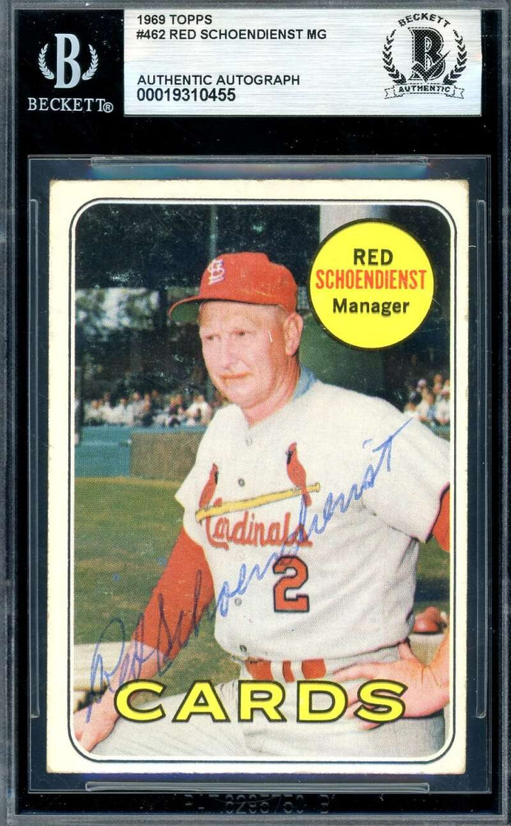 Red Schoendienst Beckett BAS Vintage Signed 1969 Topps Autograph Cardinals