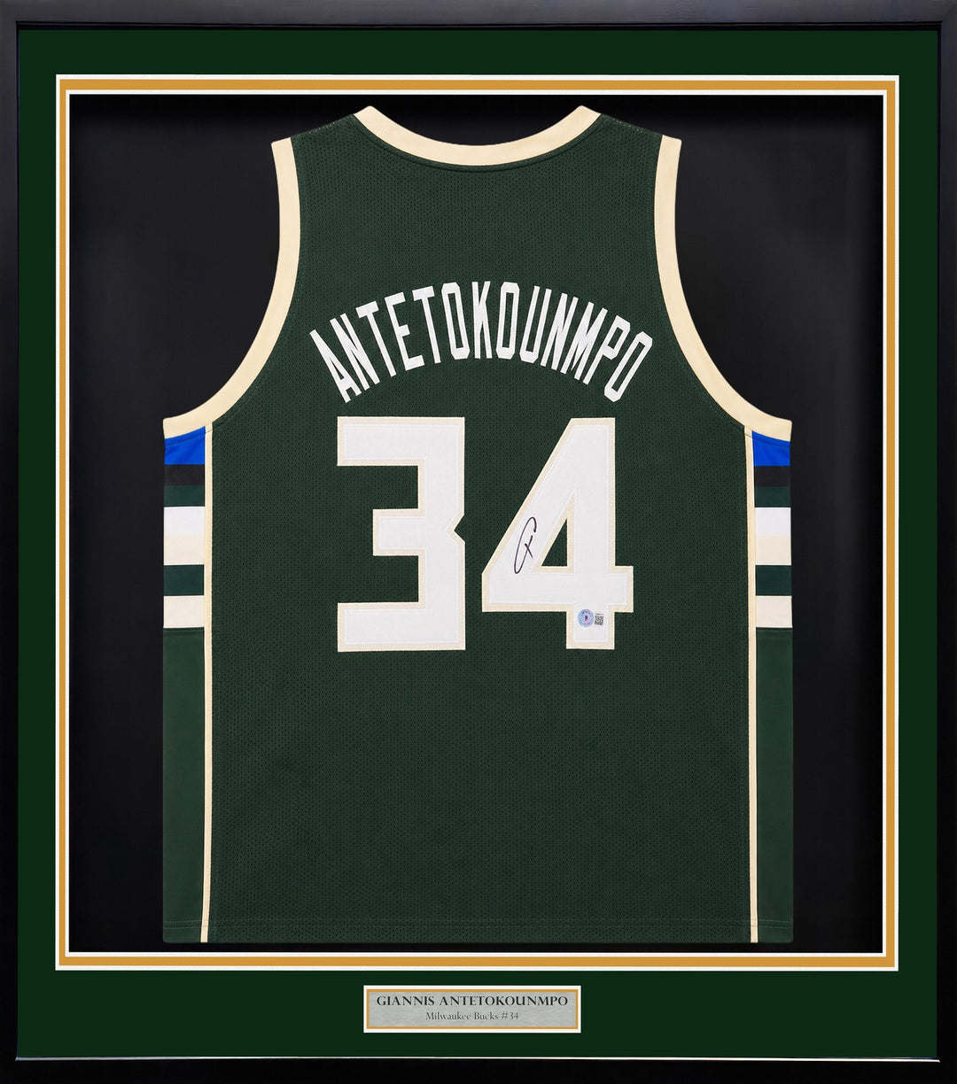Milwaukee Bucks Giannis Antetokounmpo Signed Framed Green Jersey Beckett BAS QR