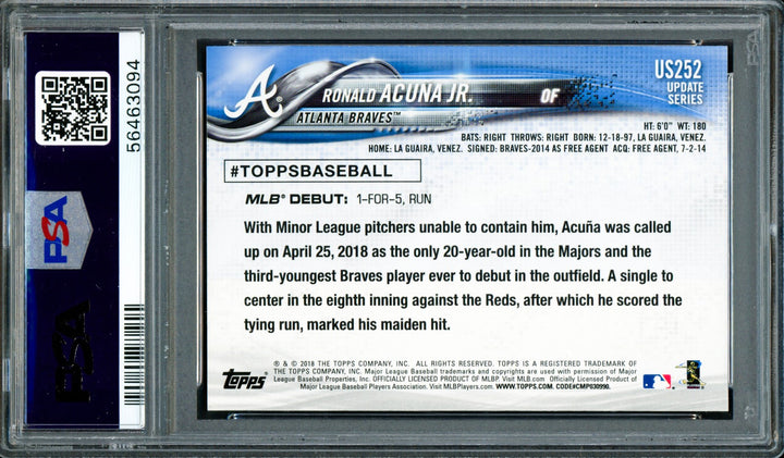 Ronald Acuna Jr. Auto 2018 Topps Update RC US252 Braves PSA 9 Auto GM 10 PSA/DNA