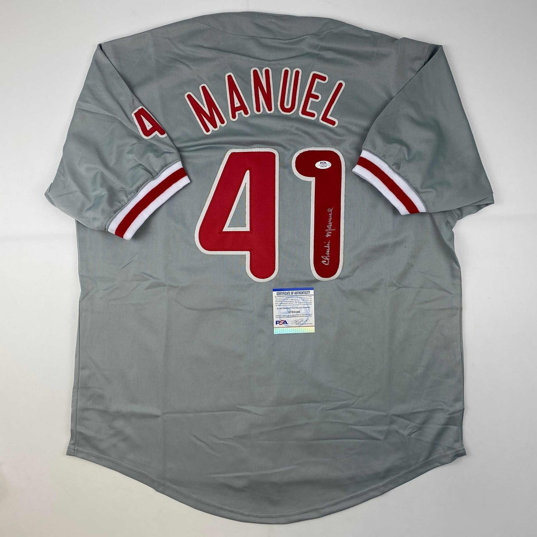 Autographed/Signed Charlie Manuel Philadelphia Grey Jersey PSA/DNA COA