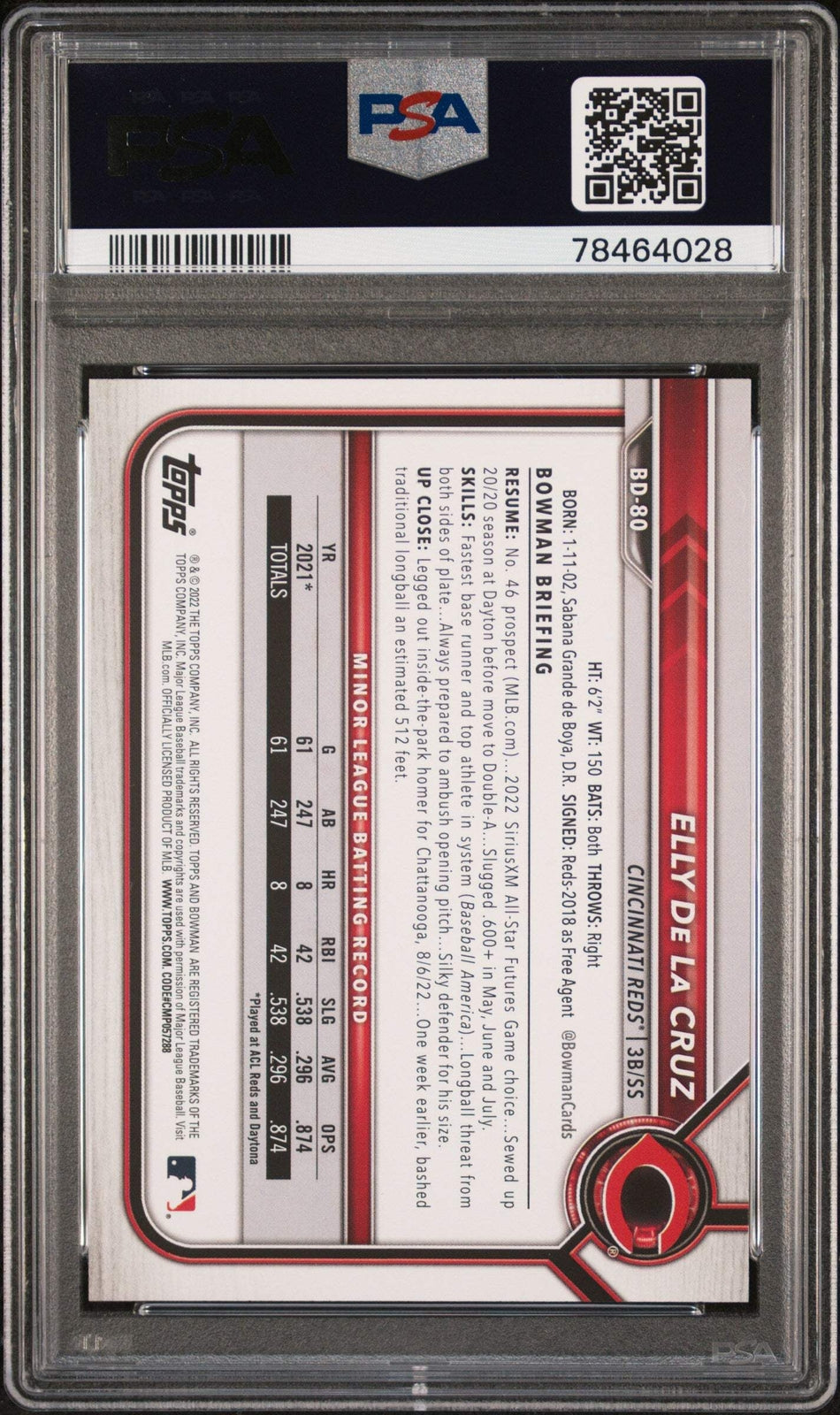 Graded 2022 Topps Bowman Draft Elly De La Cruz #BD80 Rookie Baseball Card PSA 10