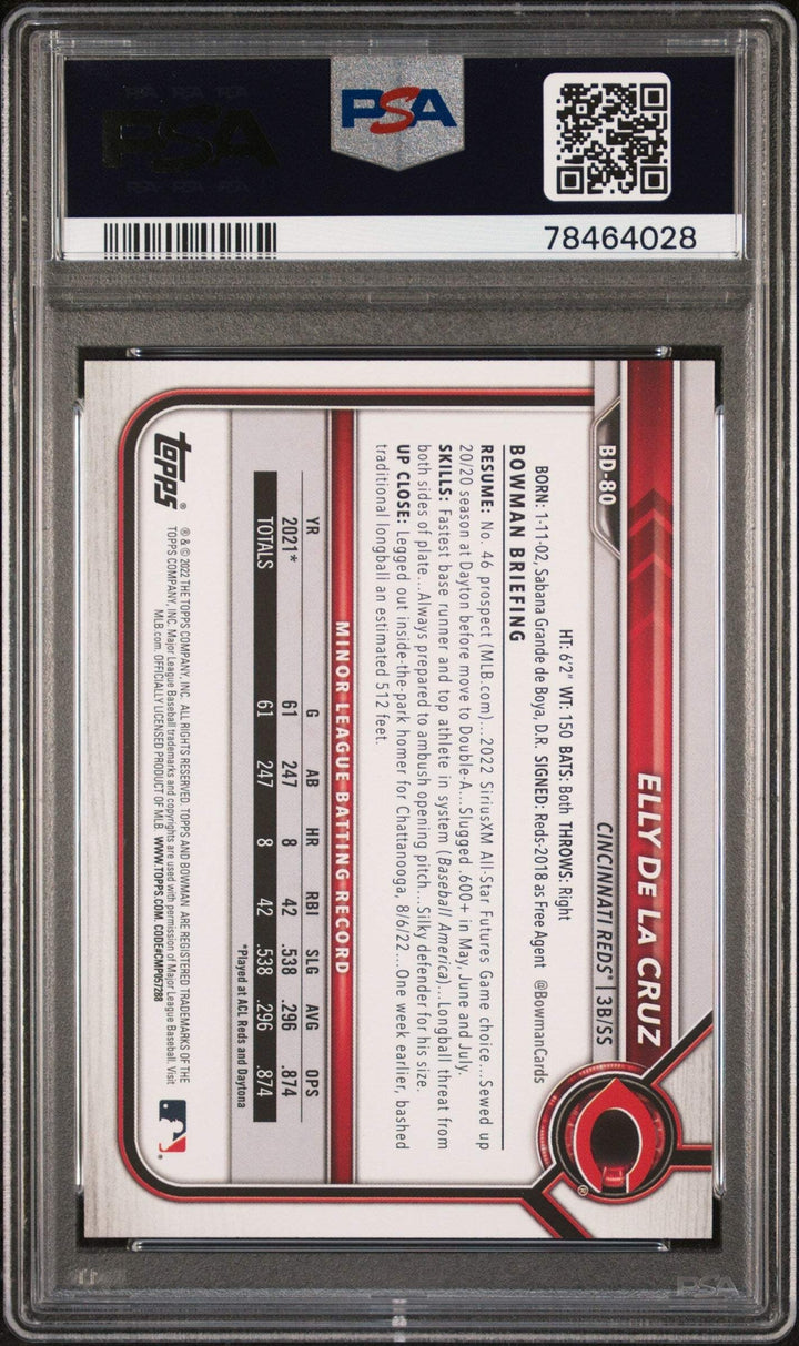 Graded 2022 Topps Bowman Draft Elly De La Cruz #BD80 Rookie Baseball Card PSA 10