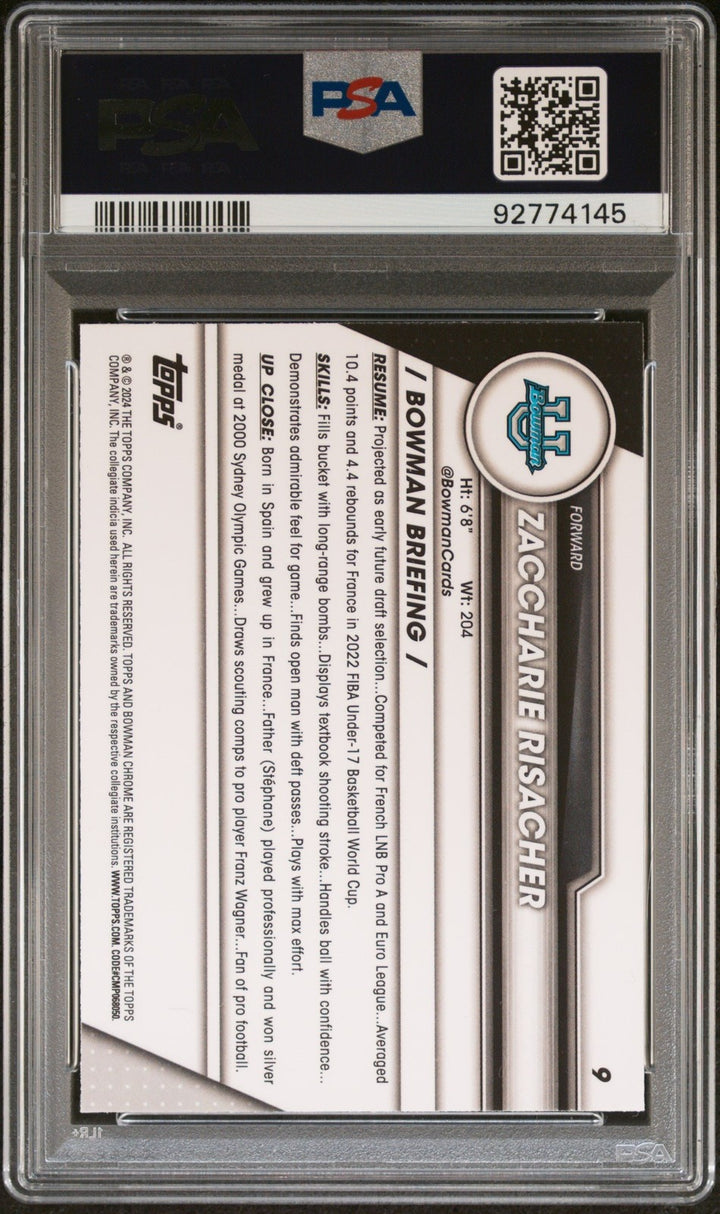 Graded 2023 Topps Bowman U Sapphire Zaccharie Risacher #9 Card PSA 10