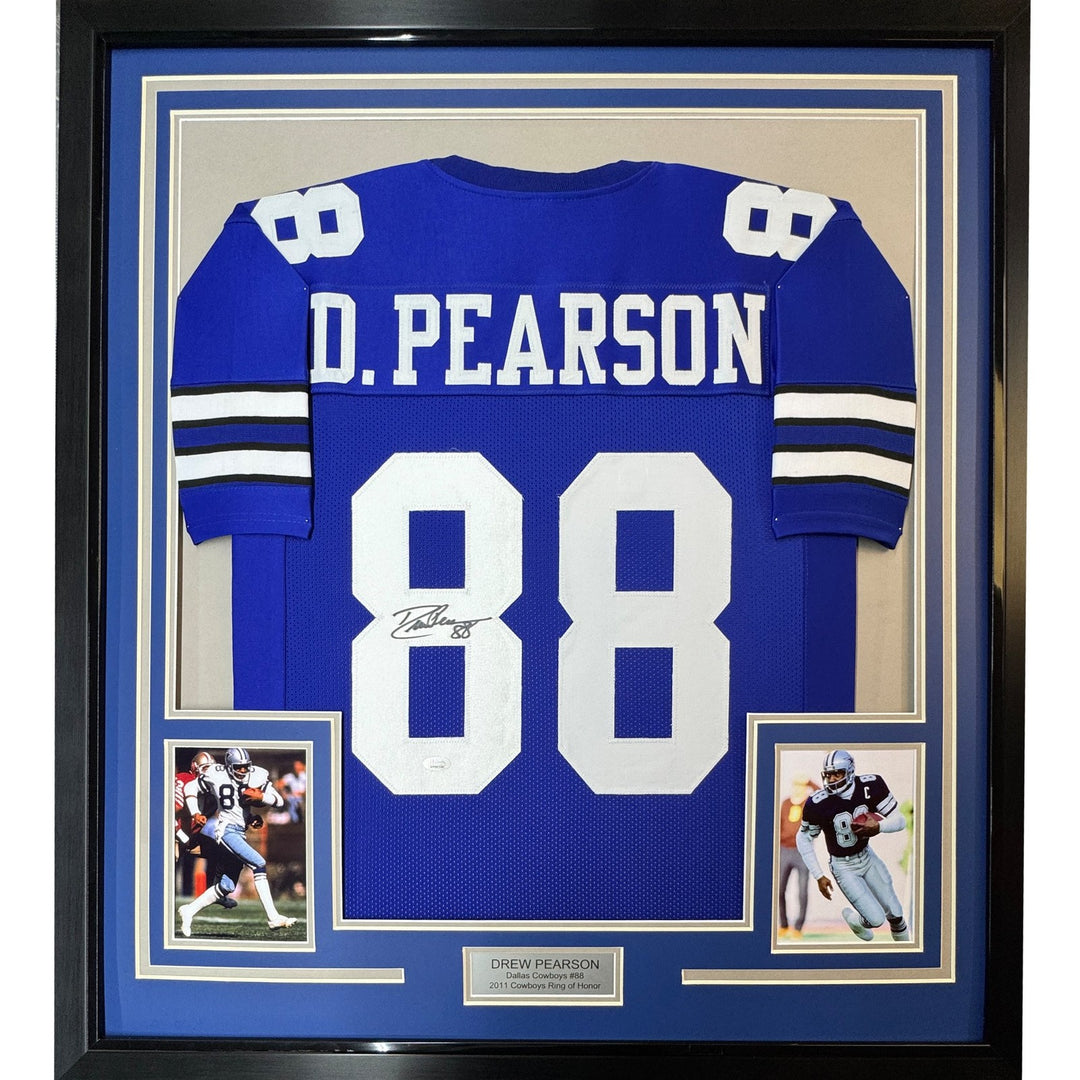 FRAMED Autographed/Signed DREW PEARSON 33x42 Dallas Blue Jersey JSA COA