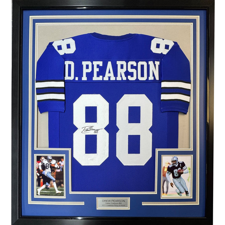 FRAMED Autographed/Signed DREW PEARSON 33x42 Dallas Blue Jersey JSA COA