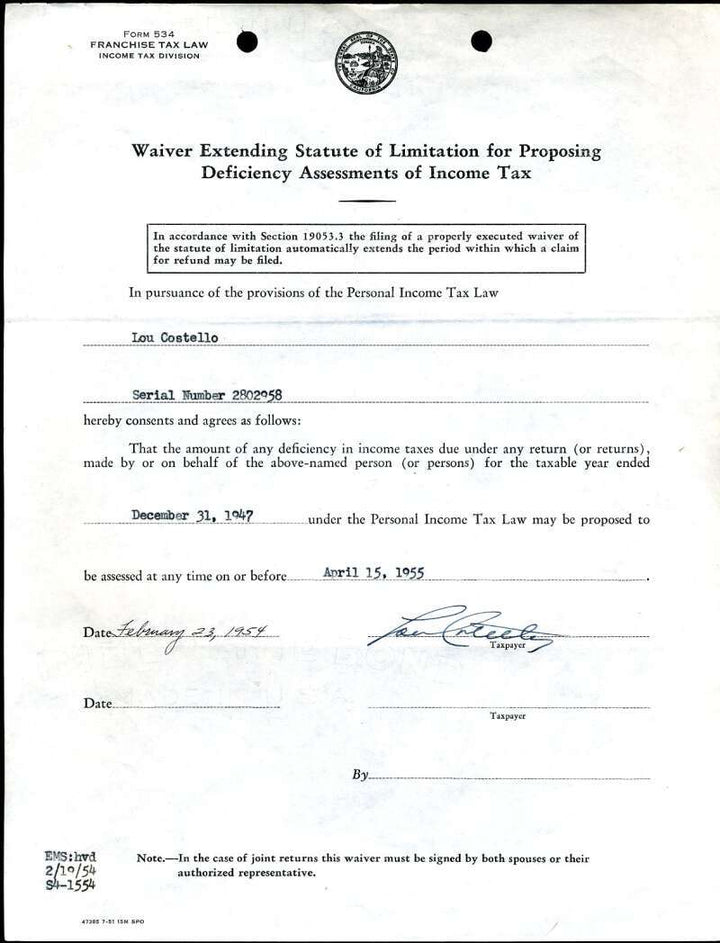 Lou Costello PSA DNA Coa Signed 1947 Tax Document Autograph