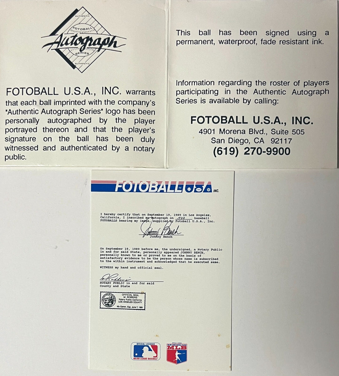 Johnny Bench signed Fotoball USA MLB Baseball /500 - COA- Cincinnati Reds/HOF