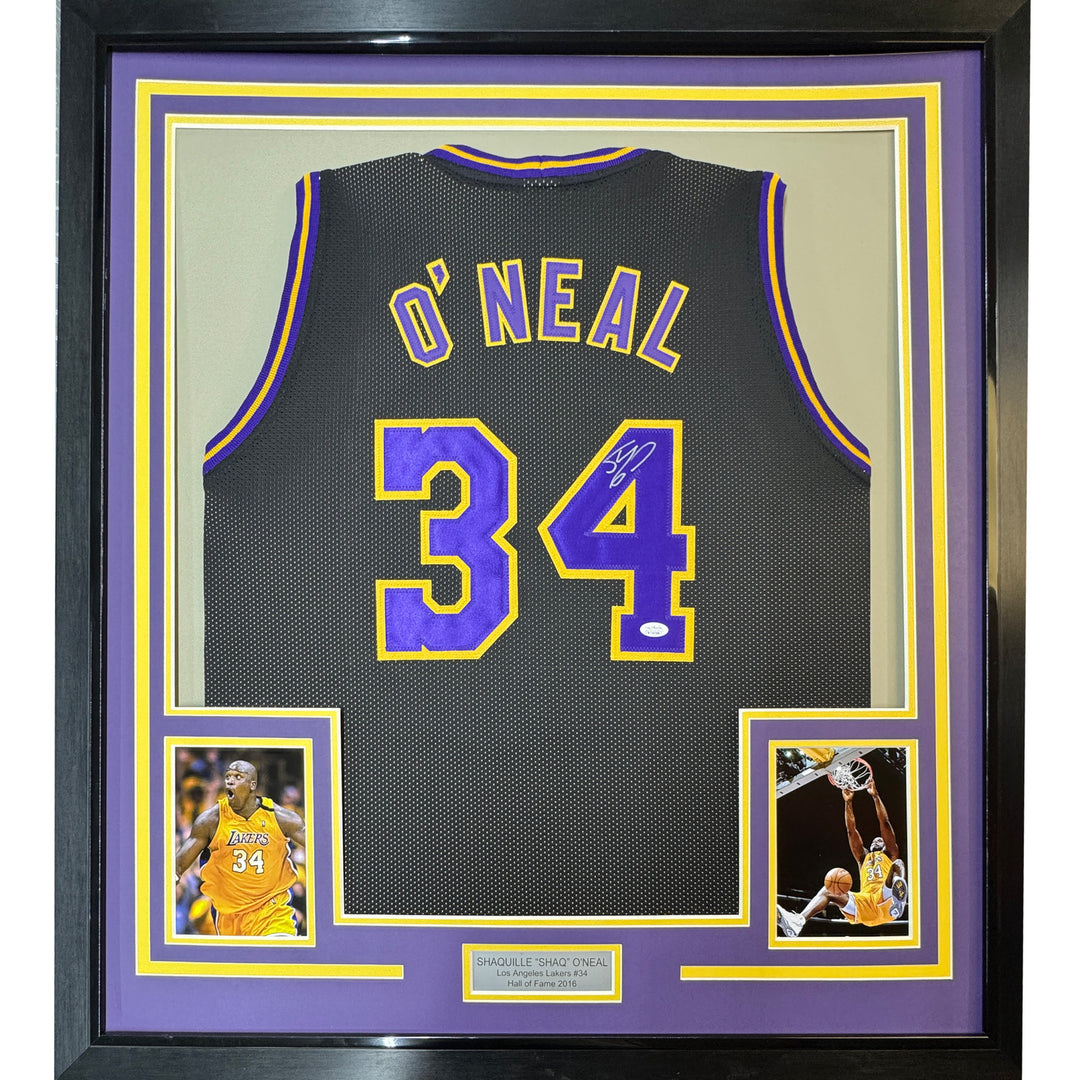 FRAMED Autographed/Signed SHAQUILLE SHAQ O'NEAL 33x42 LA Black Jersey JSA COA