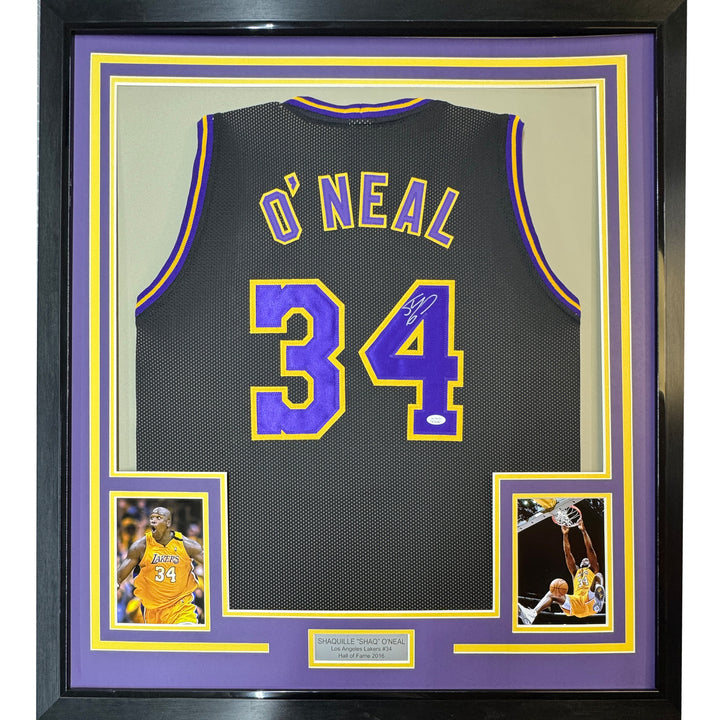 FRAMED Autographed/Signed SHAQUILLE SHAQ O'NEAL 33x42 LA Black Jersey JSA COA