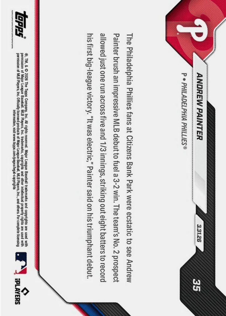 2026 Topps Now Andrew Painter #35 Orange Foil /25 Rookie RC Baseball Card