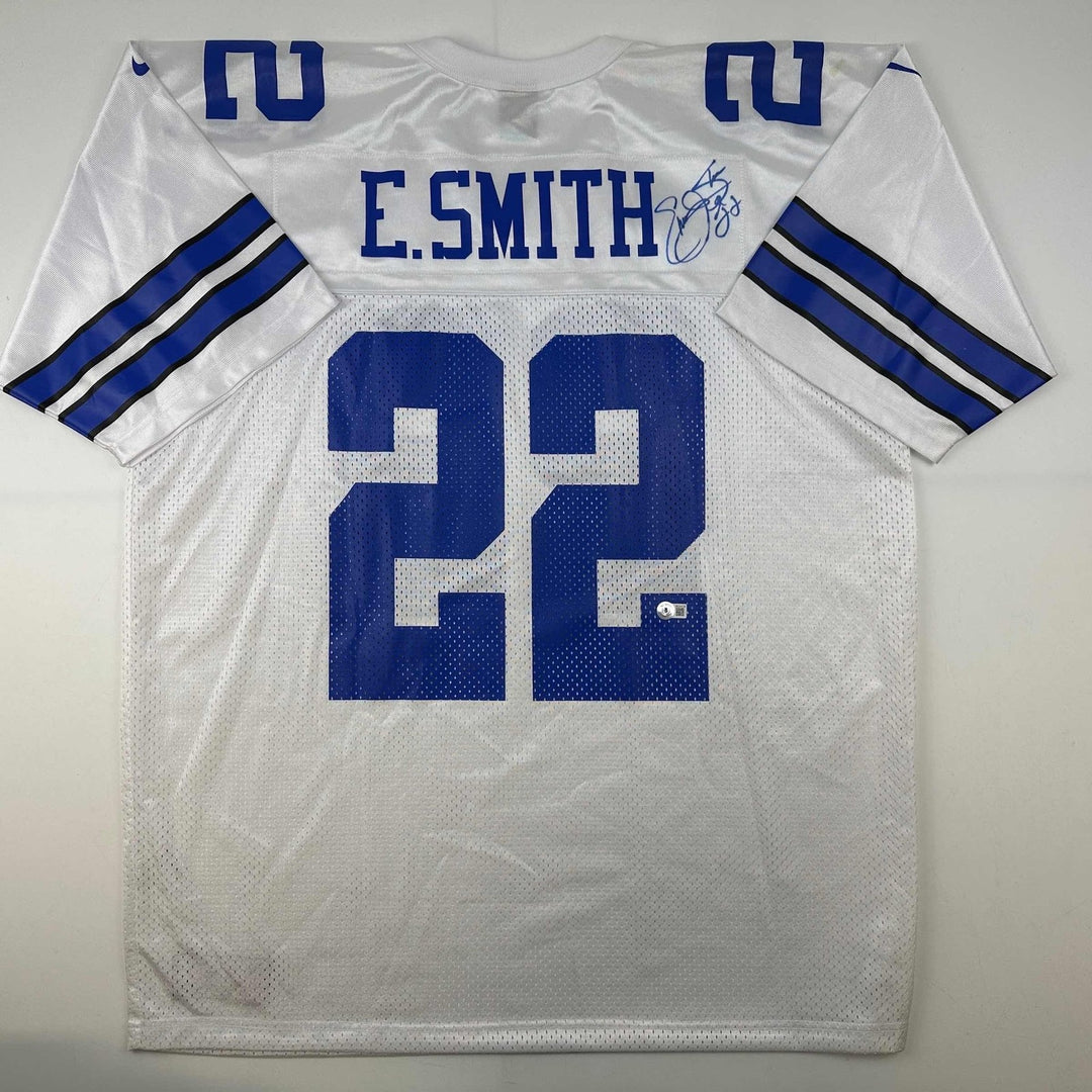 Autographed/Signed Emmitt Smith Dallas White Jersey Beckett BAS COA