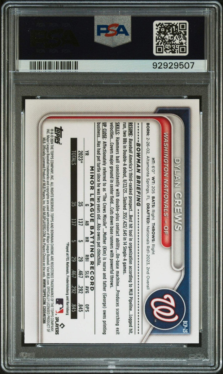 Graded 2024 Bowman MB Dylan Crews #23 Chrome Prospects RC Baseball Card PSA 10