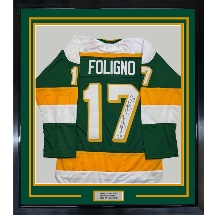 Framed Autographed/Signed Marcus Foligno 35x39 Green Hockey Jersey BAS COA