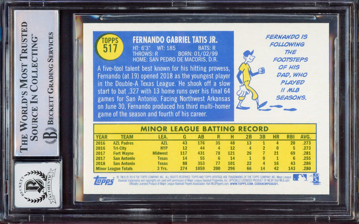 Fernando Tatis Jr. Signed 2019 Topps Heritage RC #517 San Diego Padres BGS 8.5