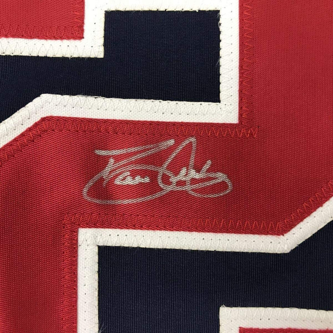 Framed Autographed/Signed David Justice 35x39 Atlanta Blue Jersey JSA COA