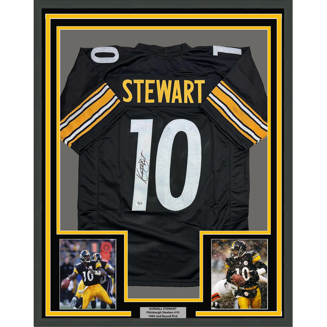 Framed Autographed/Signed Kordell Stewart 35x39 Pittsburgh Black Jersey BAS COA