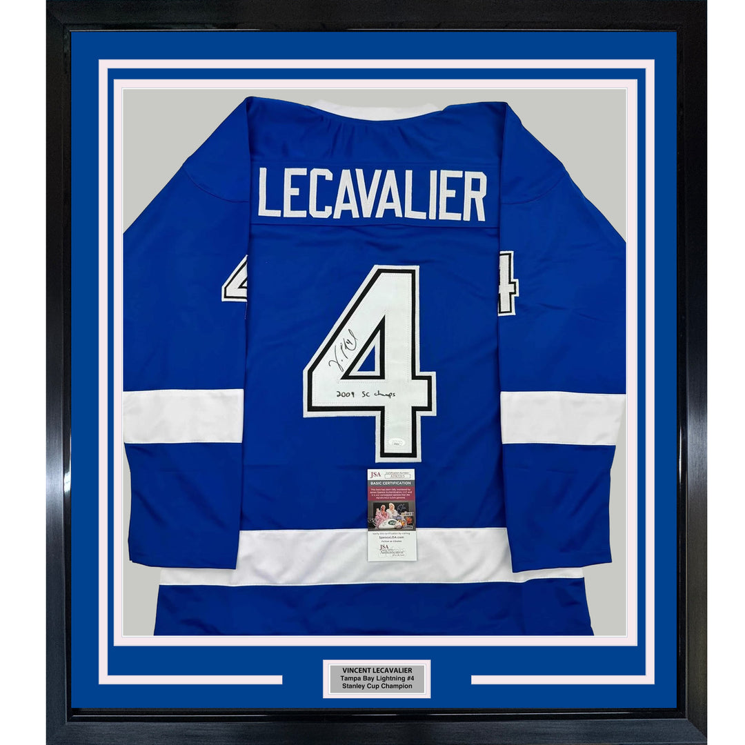 Framed Autographed/Signed Vincent Lecavalier Insc 35x39 TB Blue Jersey JSA COA