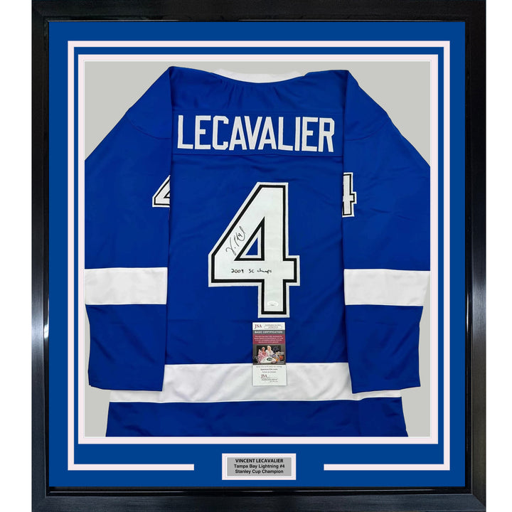 Framed Autographed/Signed Vincent Lecavalier Insc 35x39 TB Blue Jersey JSA COA