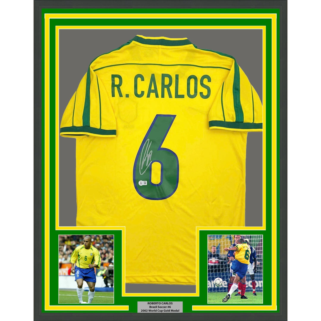 Framed Autographed/Signed Roberto Carlos 35x39 Brazil Yellow Jersey BAS COA