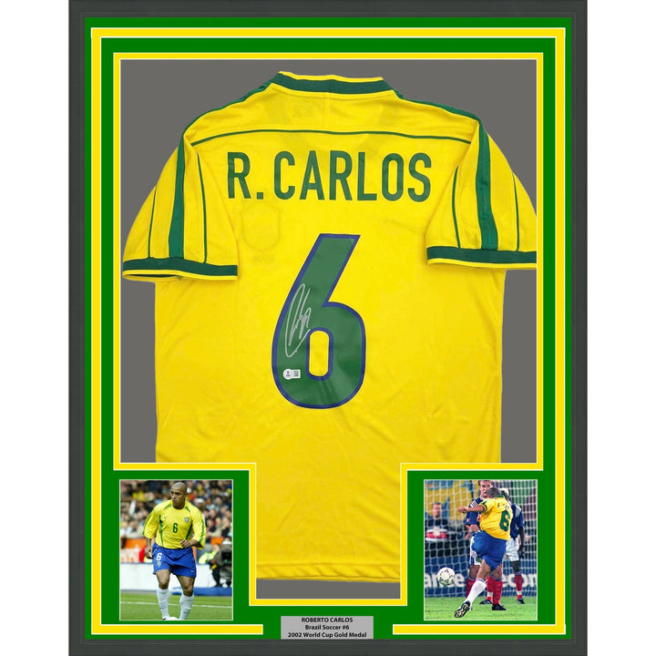 Framed Autographed/Signed Roberto Carlos 35x39 Brazil Yellow Jersey BAS COA