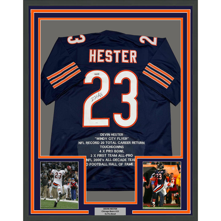 Framed Autographed/Signed Devin Hester 35x39 Chicago Blue Stat Jersey JSA COA