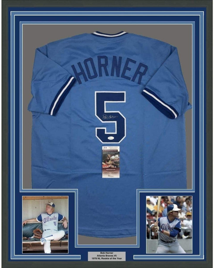 FRAMED Signed BOB HORNER 35x39 Atlanta Light Blue Jersey JSA COA