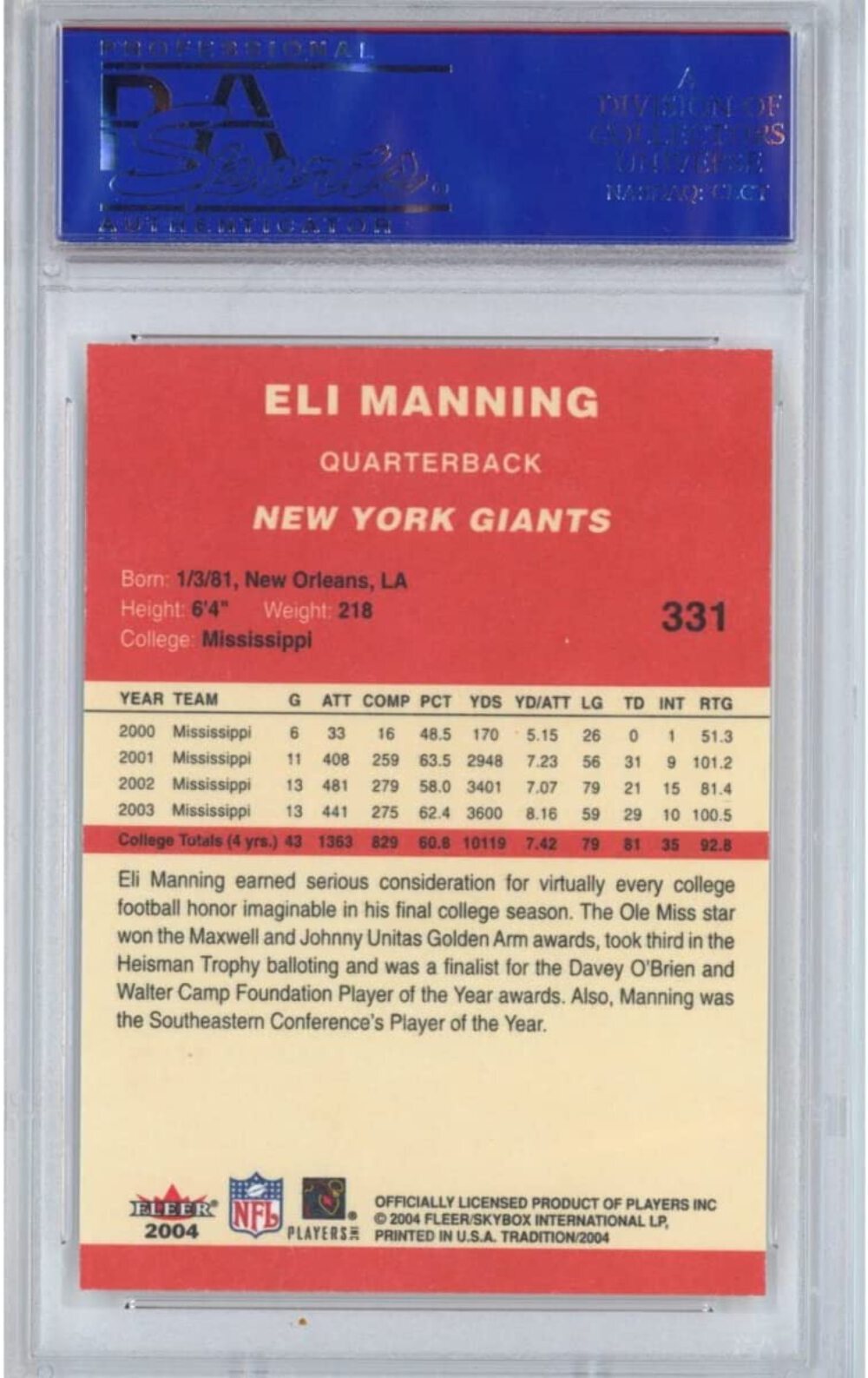 Graded 2004 Fleer Tradition Eli Manning #331 Rookie RC Football Card PSA 10 Gem