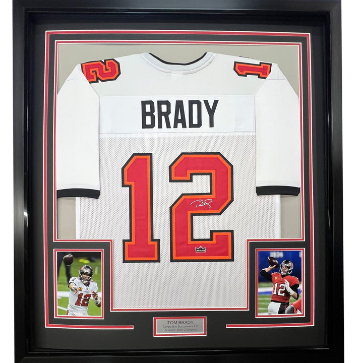 Framed Facsimile Autographed Tom Brady 33x42 Tampa Bay White Laser Jersey