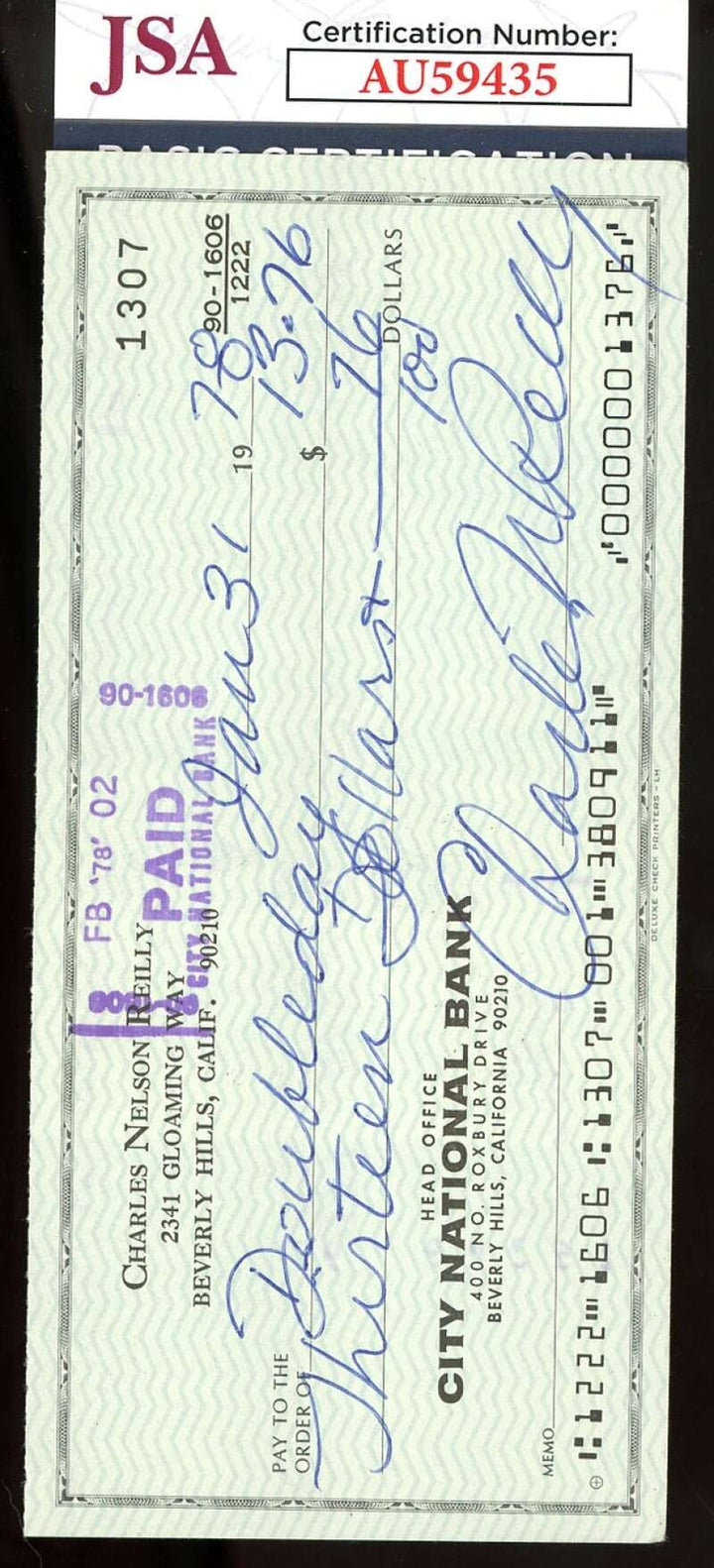 Charles Nelson Reilly JSA Coa Signed 1978 Personal Check Autograph