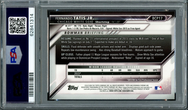 Fernando Tatis Jr Signed 2016 Bowman Chrome Prospects RC BCP17 PSA 8 Sig 10 DNA