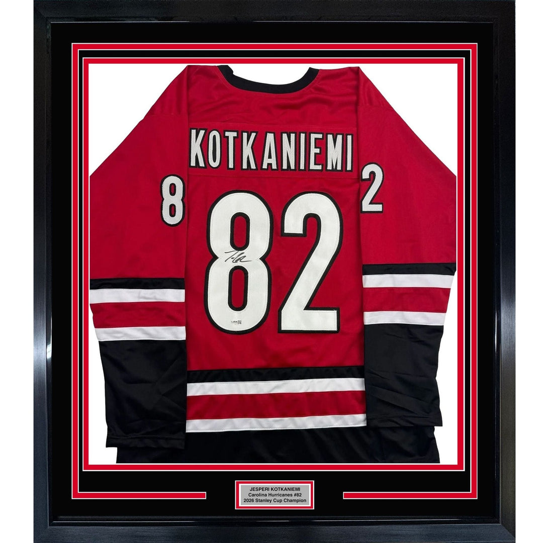 Framed Signed Jesperi Kotkaniemi 35x39 Carolina Red Jersey Beckett BAS COA