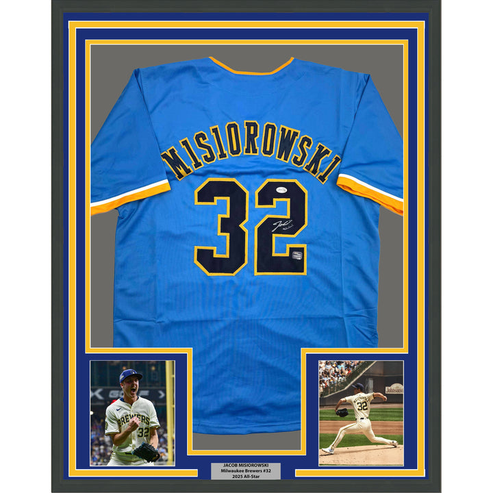 Framed Autographed/Signed Jacob Misiorowski 35x39 Milwaukee Blue Jersey JSA COA