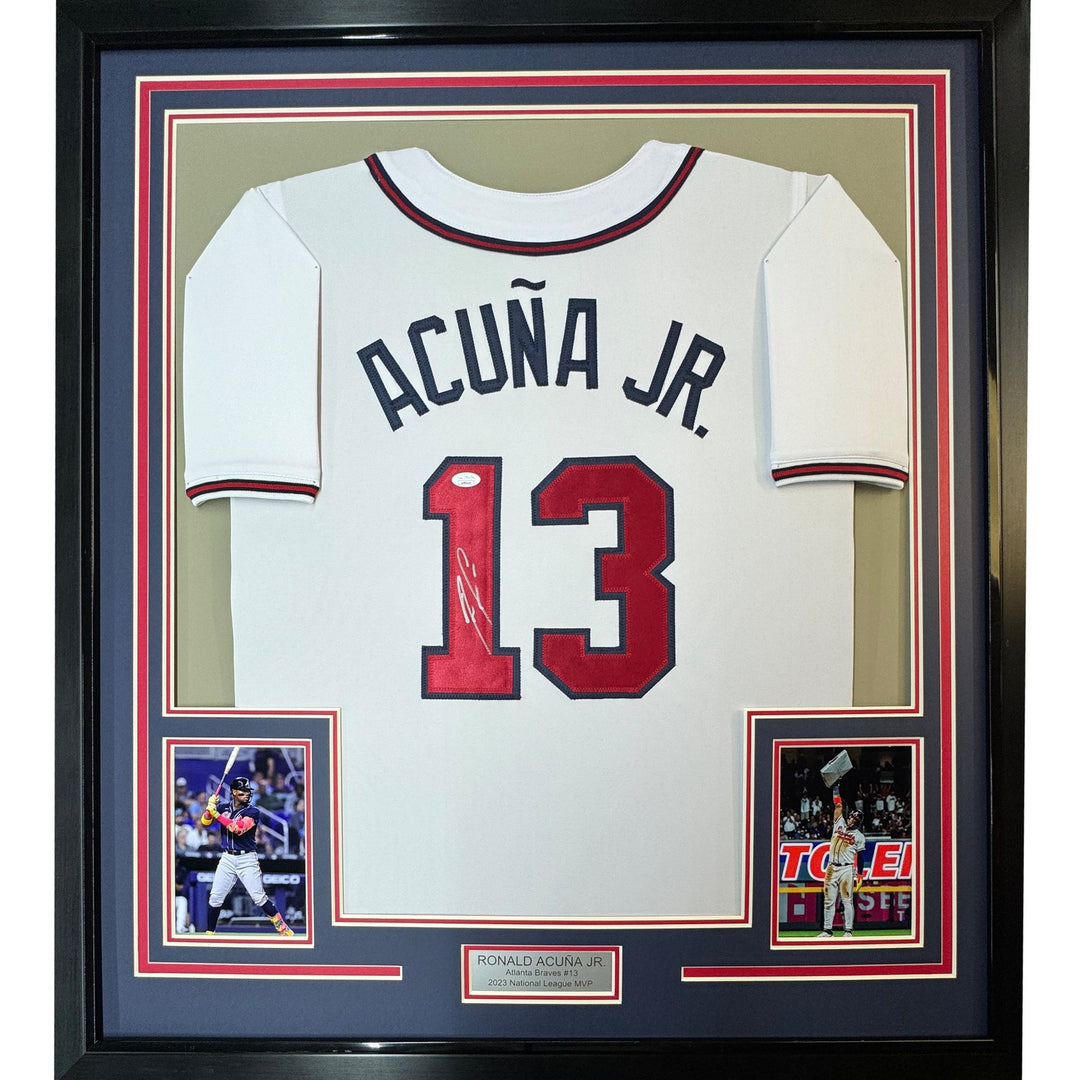 Framed Signed Ronald Acuna Jr. 35x39 Atlanta White Jersey JSA COA