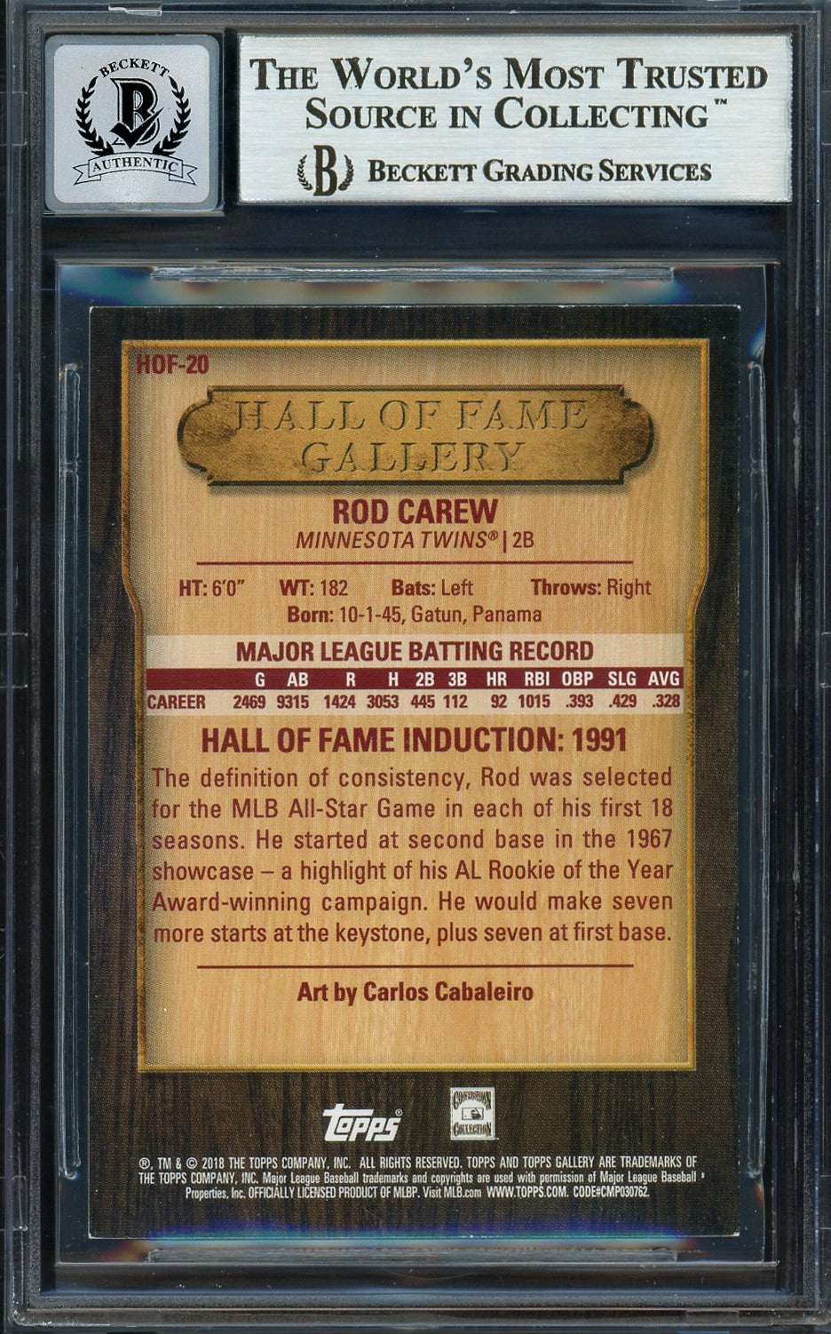Rod Carew Auto 2018 Topps Gallery Card HOF-20 Twins Auto GM 10 Beckett #12752013