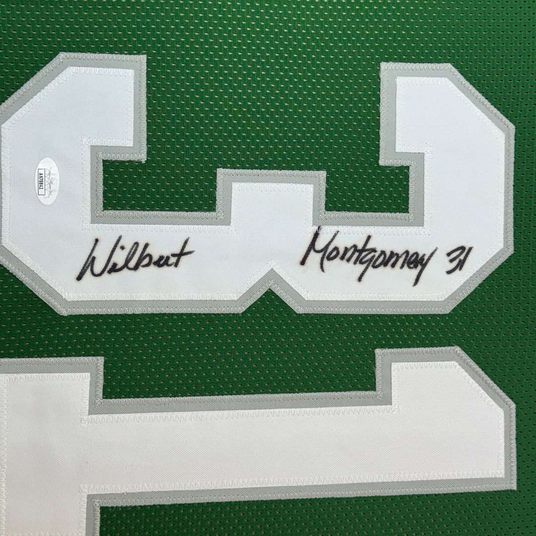 Framed Signed Wilbert Montgomery 35x39 Philly Green Jersey JSA COA