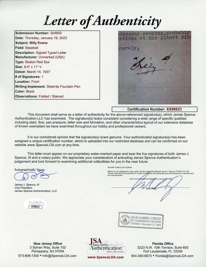 Billy Evans JSA Coa Signed Boston Red Sox Letter Autograph