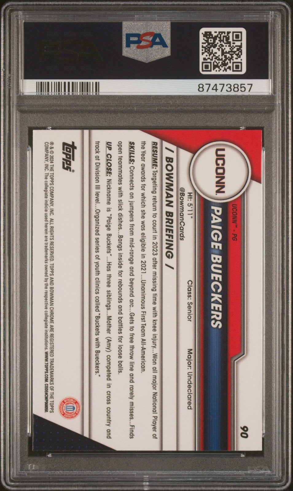 Graded 2023 Topps Bowman U Chrome Paige Bueckers #90 RC Basketball Card PSA 10