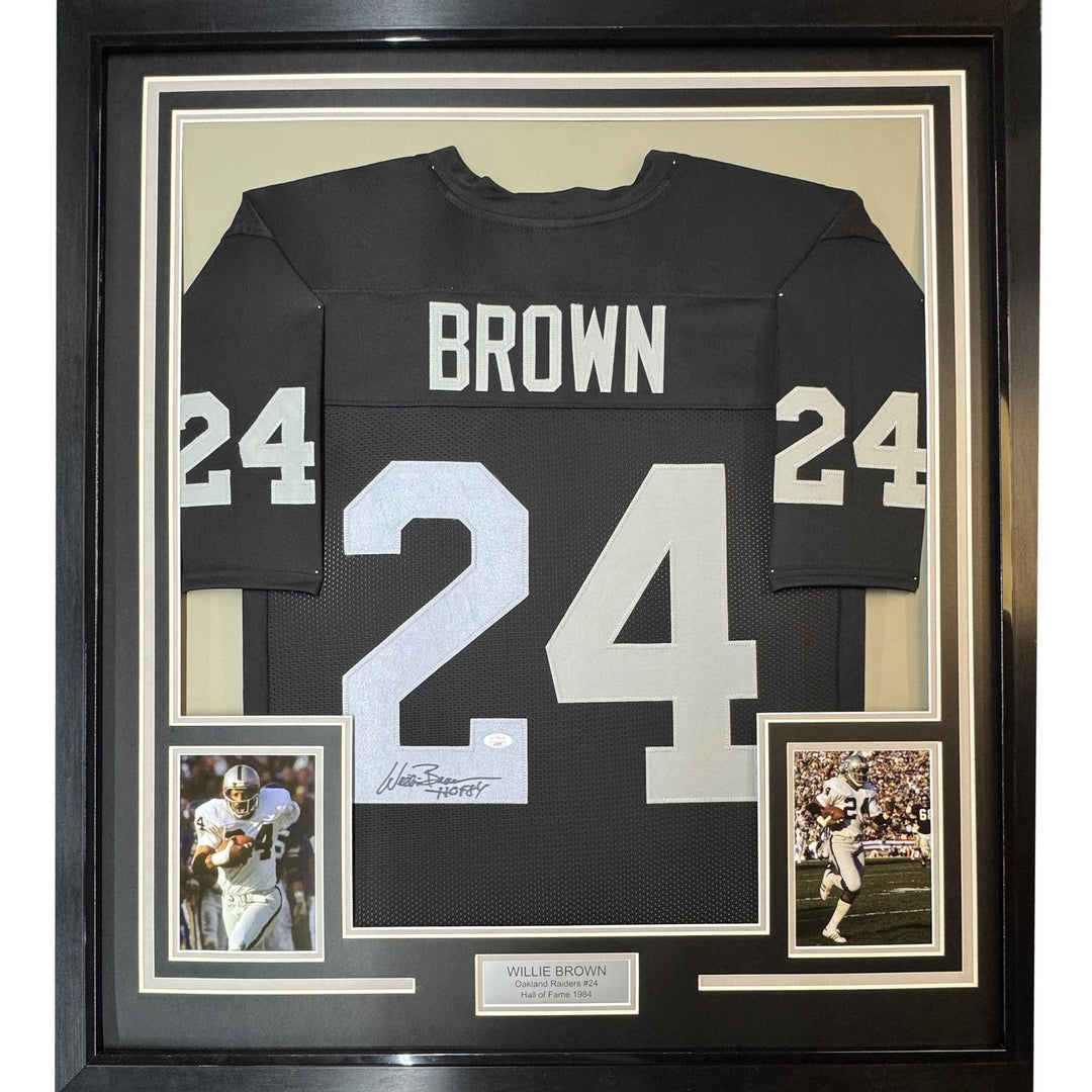 Framed Autographed/Signed Willie Brown 35x39 HOF 84 Black Jersey JSA COA