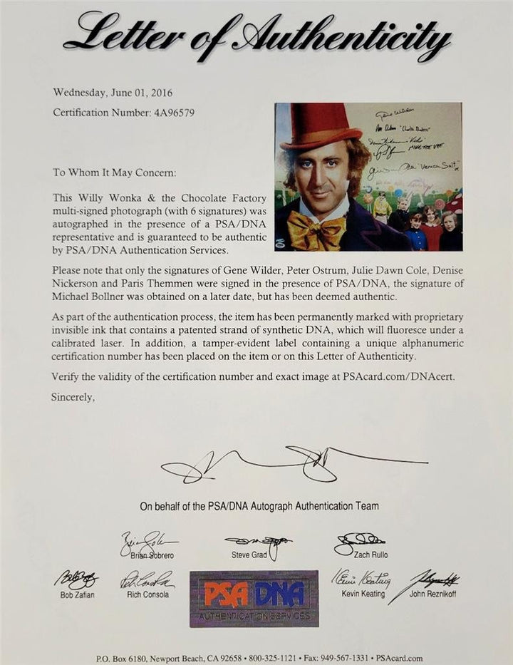 Gene Wilder & Willy Wonka Kids Cast signed 16x20 Photo (6 autographs) ~ PSA