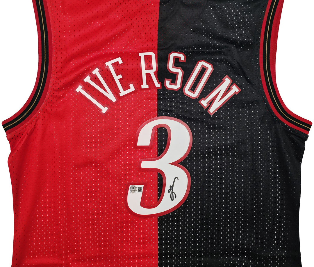 76ers Allen Iverson Auto Black Red Mitchell Ness 2000-01 Swingman Jersey L BAS