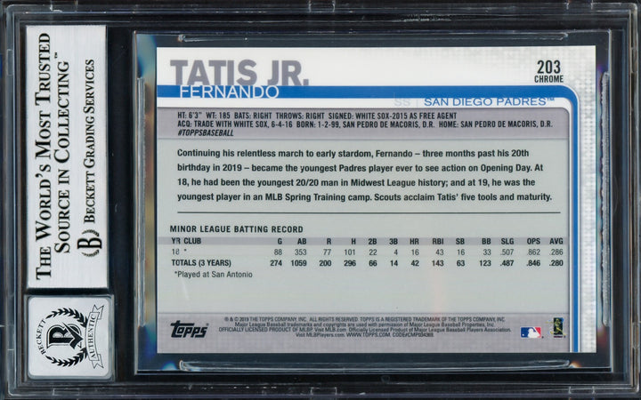 Fernando Tatis Jr. Signed 2019 Topps Chrome RC #203 San Diego Padres Auto 10